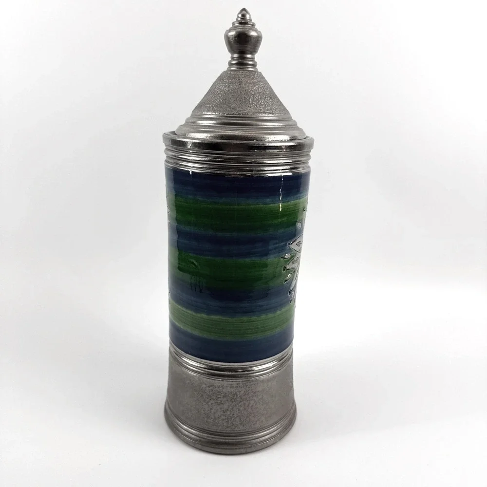 Bitossi Italy‎ Blue Green Sgraffito Sun Canister Jar with Lid HTF
